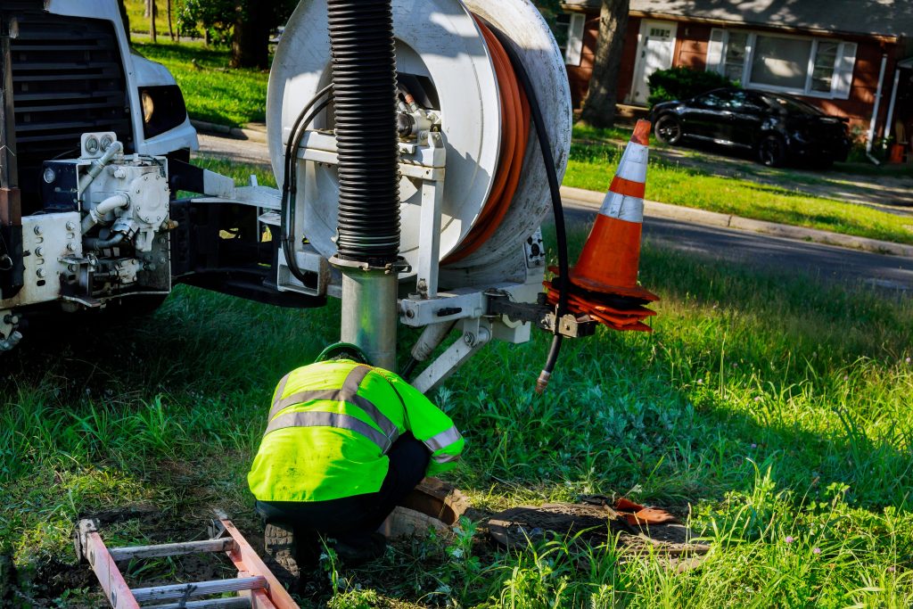 Sewage cleaning workers equipment with sewer on a town street